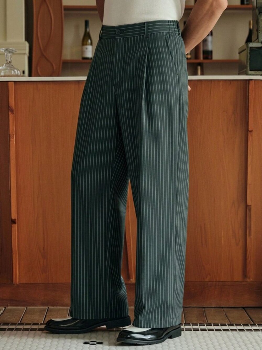 Dark Green Casual Men's Striped Zipper Button Pocket Loose Fit Long Dress Pants